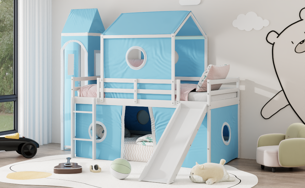 Twin Size Loft Bed With Slide Pink Tent And Tower Blue Old Sku:Wf298769Aac Twin Blue Solid Wood