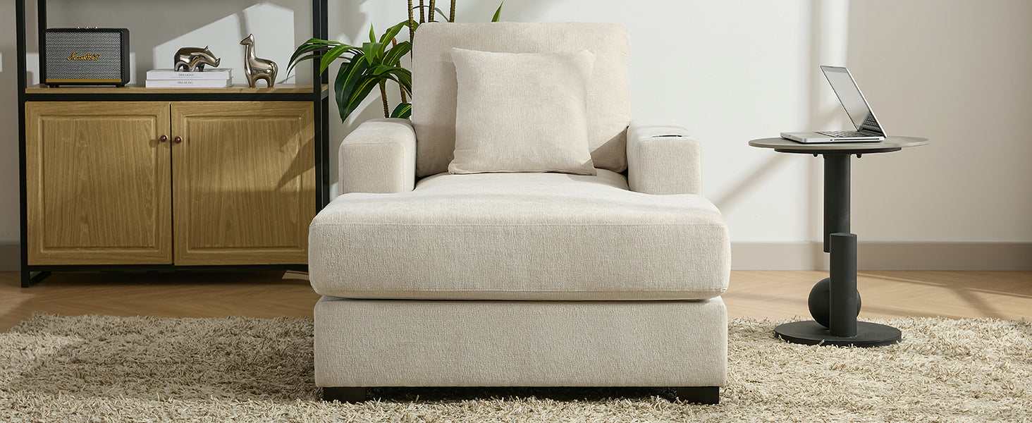 39.7" Oversized Chaise Lounger Modern Style Sofa Couch ,With Pillows, Charge Station & Cup Holders, Chenille Fabric, Cream Cream Chenille