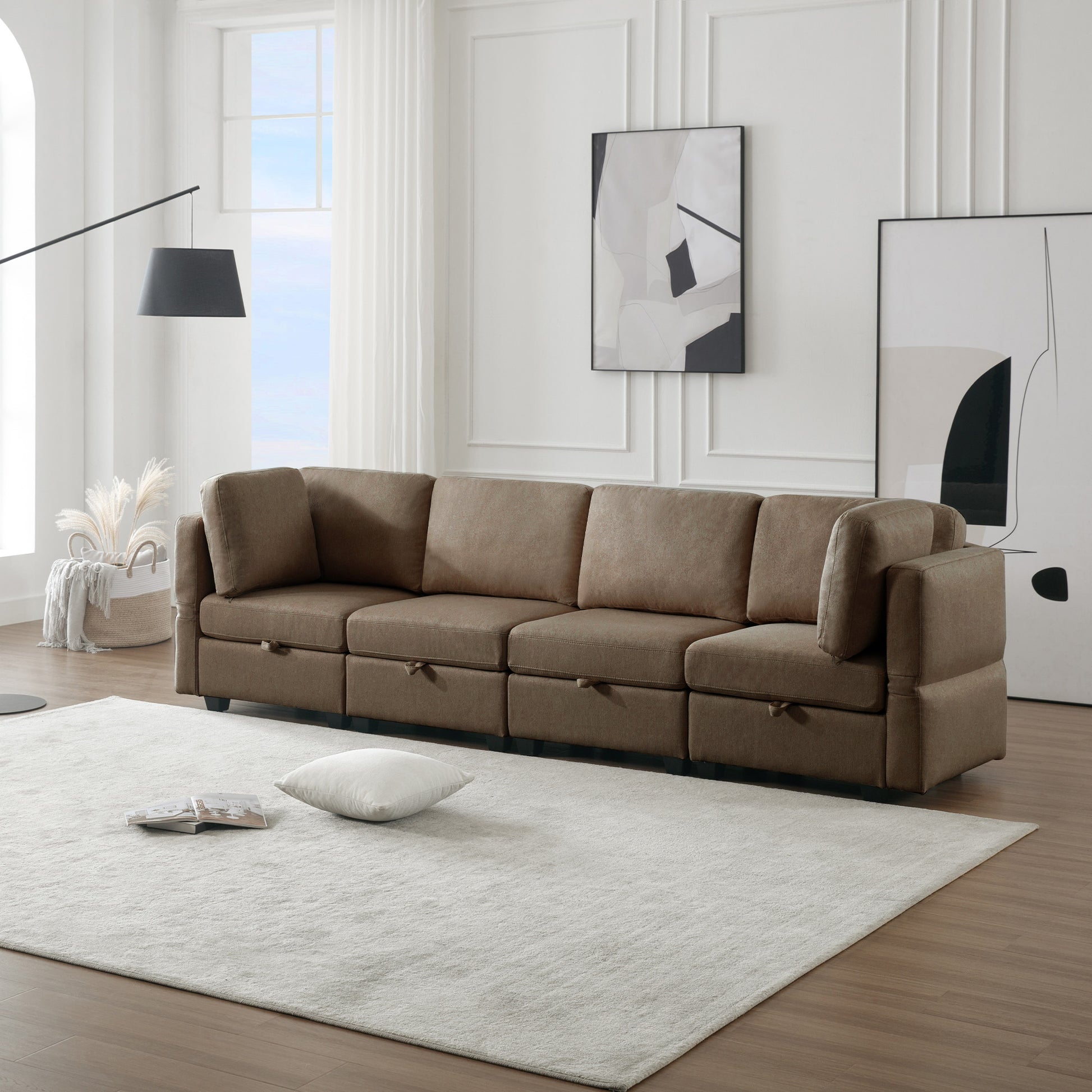 Fabric Modern Modular Sofa Couch With Storage Seats Modular Sectional Sofa 4 Seater Modular Couch For Living Room Brown Brown Polyester 4 Seat