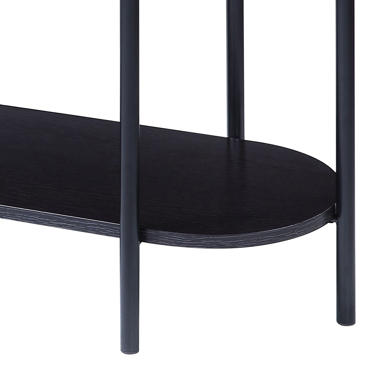 Black Oval Sofa Table With Bottom Shelf Black Primary Living Space Modern Shelves Oval Wood Metal