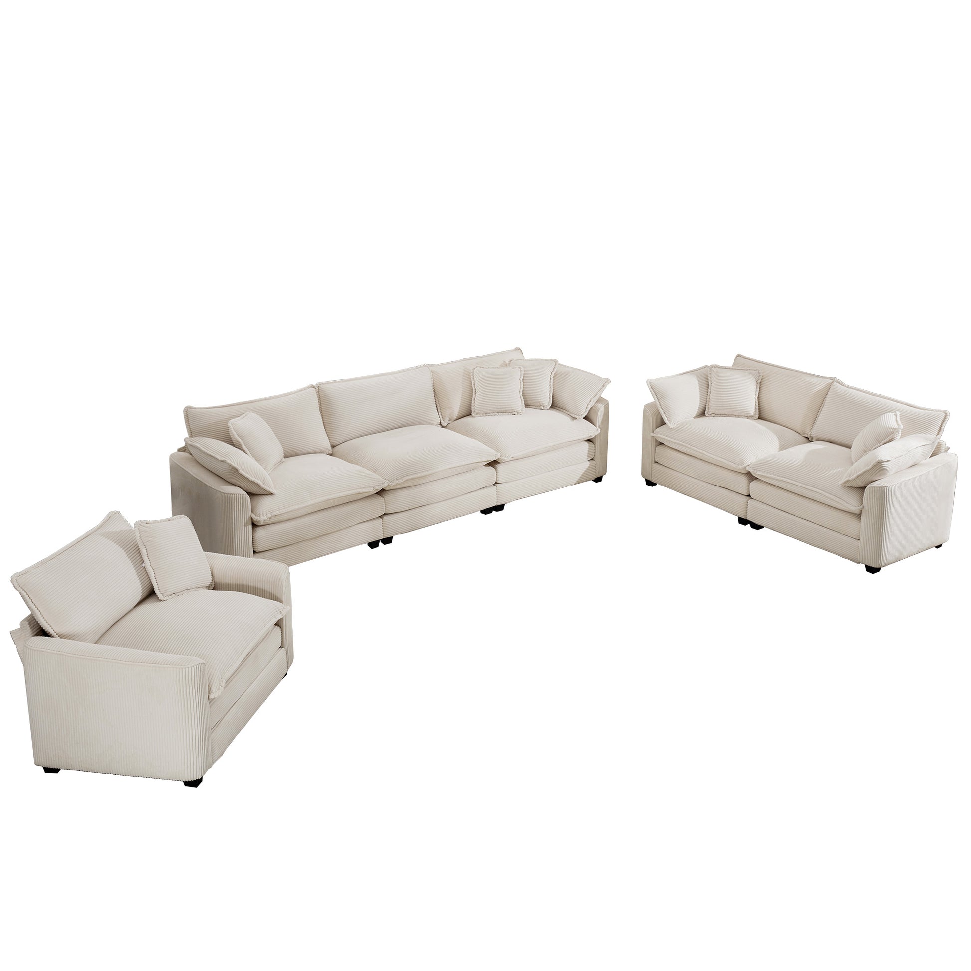 3 Piece Sofa Set, Comfortable Oversized Sofa With One Single Sofa, One 2 Seater Sofa And One 3 Seater Sofa, Light Beige Corduroy Deep Seat Sofa Beige Corduroy 6 Seat