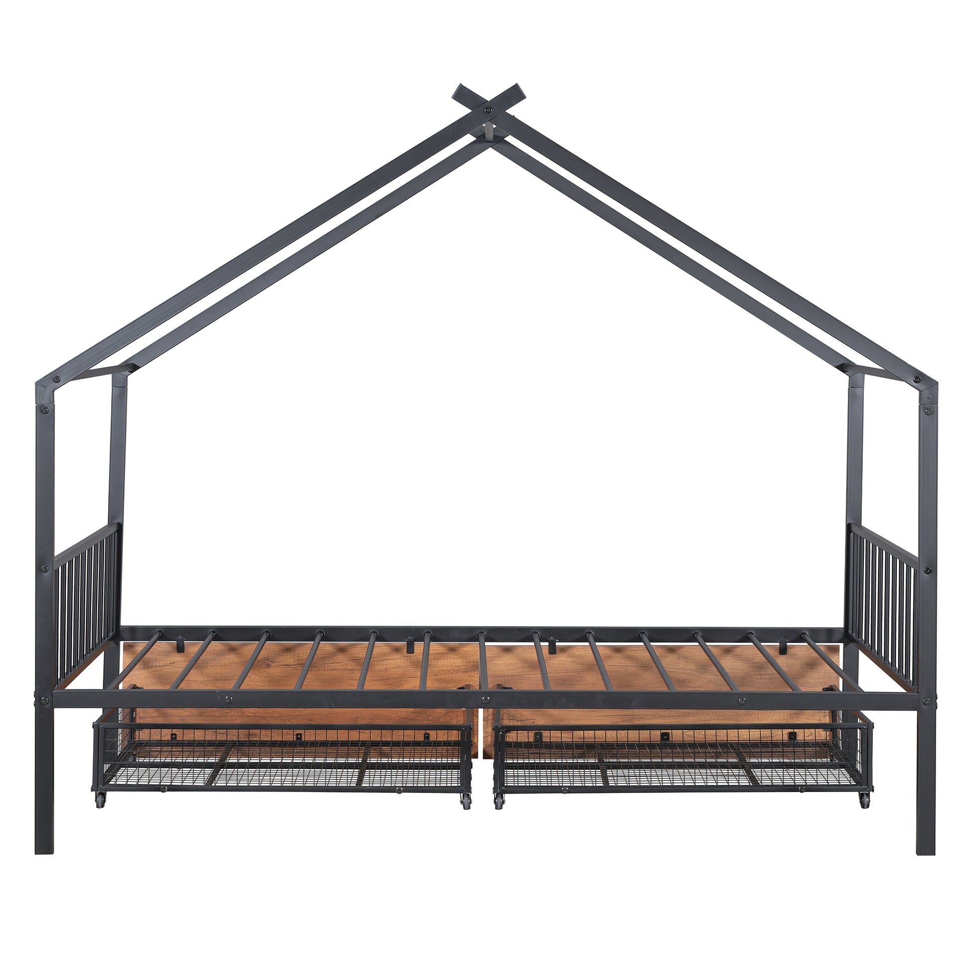 Twin Size Metal House Bed With Two Drawers, Black Twin Black Metal