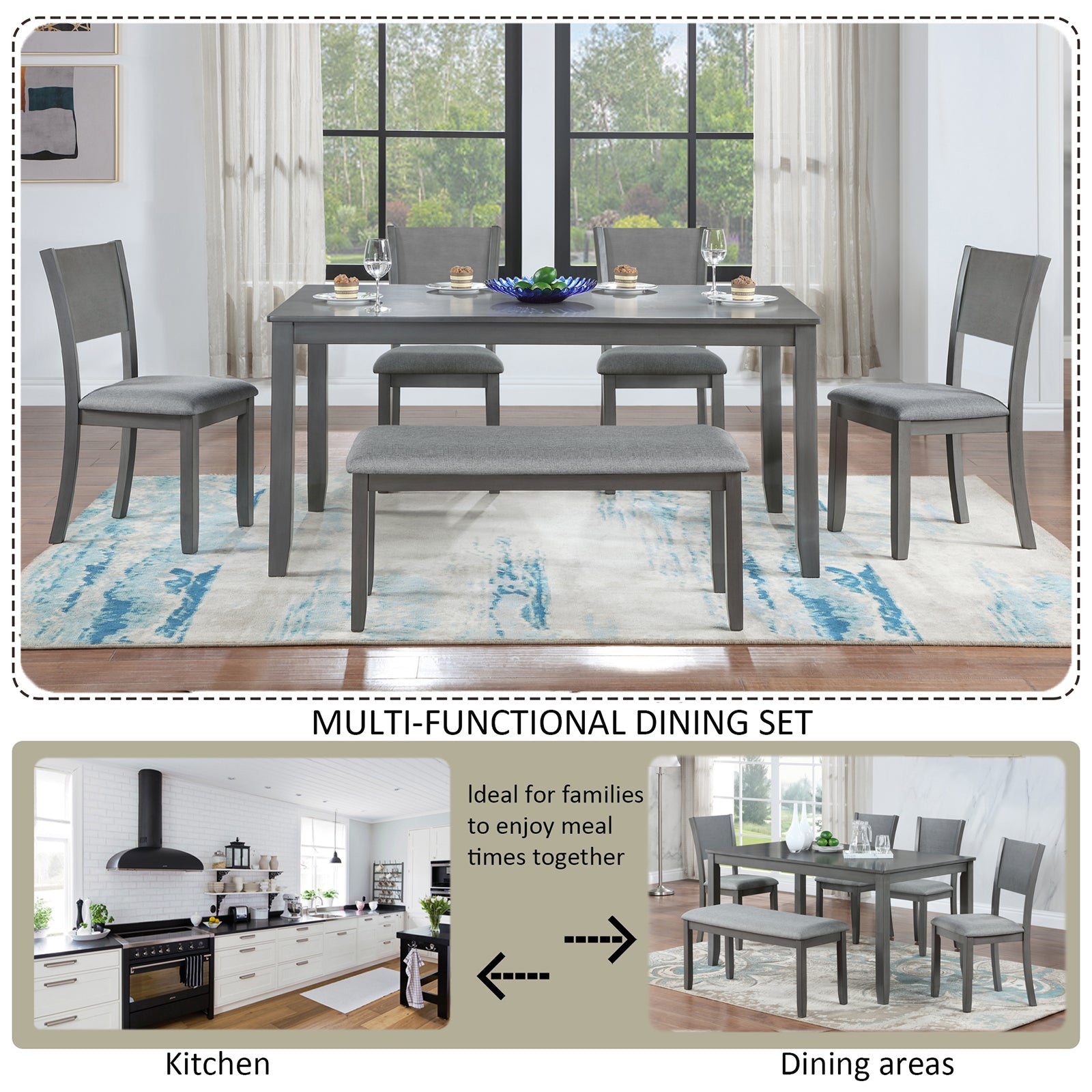 6 Piece Kitchen Dining Set, Rectangular Wooden Dining Table With 4 Upholstered Chairs And A Bench, Dining Table Set For 6 People, Living Room, Home Bar And Kitchen, Gray Wood Gray Seats 6 Wood Dining Room Acacia 4 Leg Rectangular Dining Table With Chair