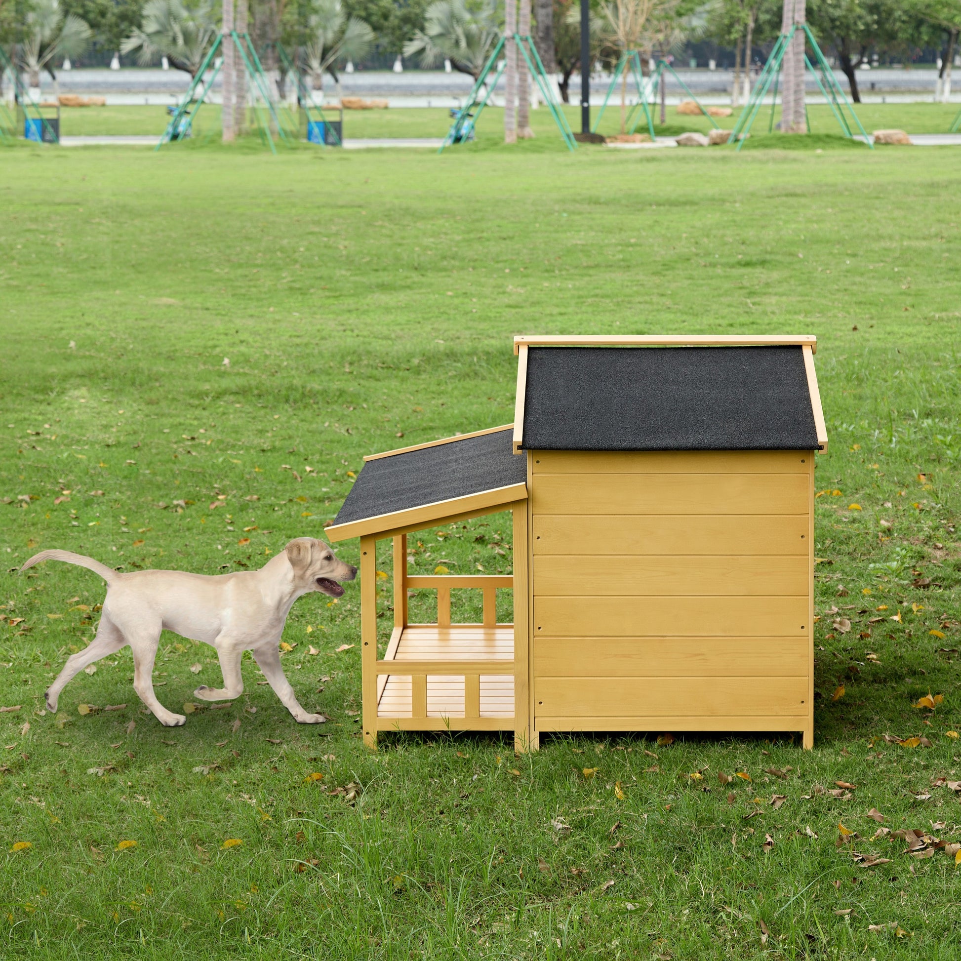 Dog House, Waterproof Dog Cage Kennel, Wooden Outdoor And Indoor Dog House, Raised Pet Kennel For Medium Dogs, Log Cabin Style With Porch,Elevated Floor,Asphalt Roof, 2 Doors, Pine Wood Natural Natural Dog Medium 26 40 Lbs Pine