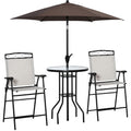 Outsunny 4 Piece Outdoor Patio Dining Furniture Set, 2 Folding Chairs, Adjustable Angle Umbrella, Wave Textured Tempered Glass Dinner Table, Beige Beige Steel