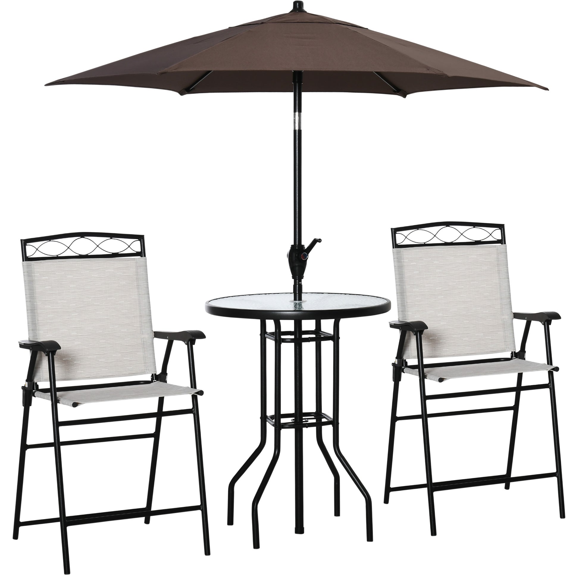 Outsunny 4 Piece Outdoor Patio Dining Furniture Set, 2 Folding Chairs, Adjustable Angle Umbrella, Wave Textured Tempered Glass Dinner Table, Beige Beige Steel