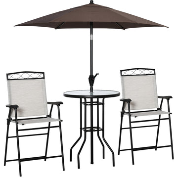 Outsunny 4 Piece Outdoor Patio Dining Furniture Set, 2 Folding Chairs, Adjustable Angle Umbrella, Wave Textured Tempered Glass Dinner Table, Beige Beige Steel