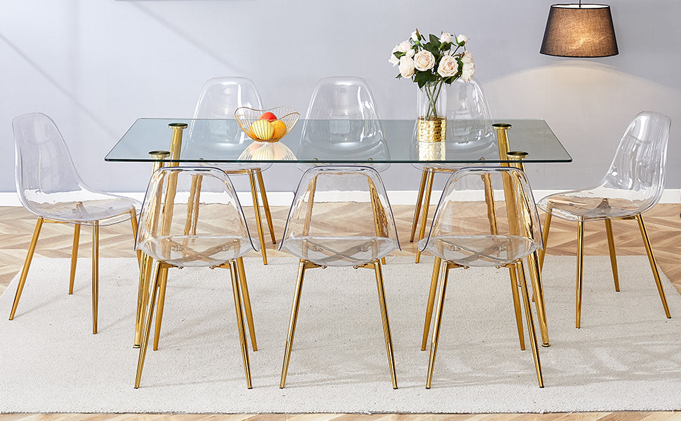 Table And Chair Set.Modern Rectangular Glass Dining Table With Tempered Glass Countertop And Golden Metal Legs, Paired With Multiple Transparent High Quality Pet Dining Chairs With Golden Legs. Gold Seats 8 Tempered Glass