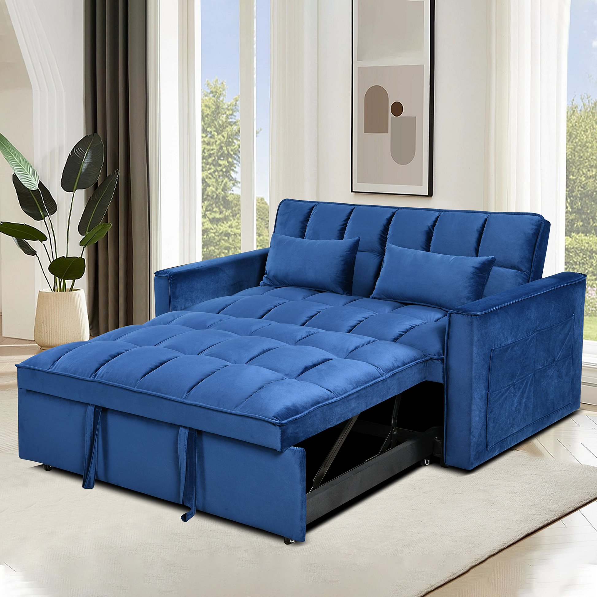 Modern Flannel Double Sofa With Folding Bed, Small Double Sofa With Three In One Convertible Sofa Bed, Adjustable Backrest And Storage Space, Including Pillows, Perfect For Living Room Or Bedroom Twin Blue Solid Wood