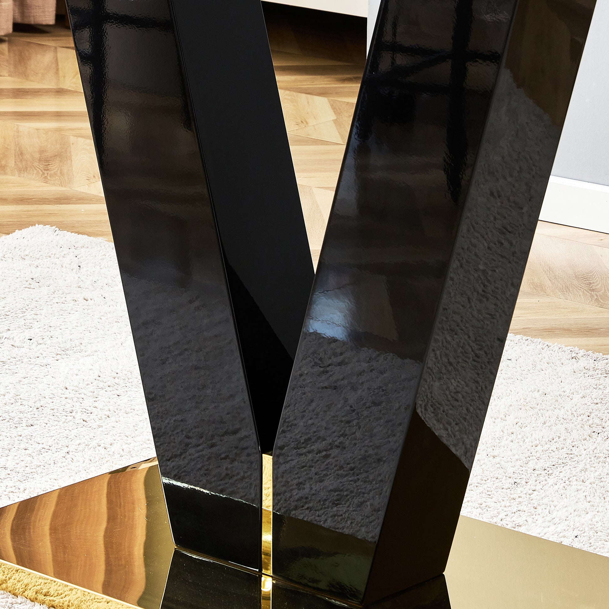 Table And Chair Set,Clear Tempered Glass And Black Legs Of The Table, Pu And Gold Legs Of The Chair Black Grey Seats 6 Tempered Glass