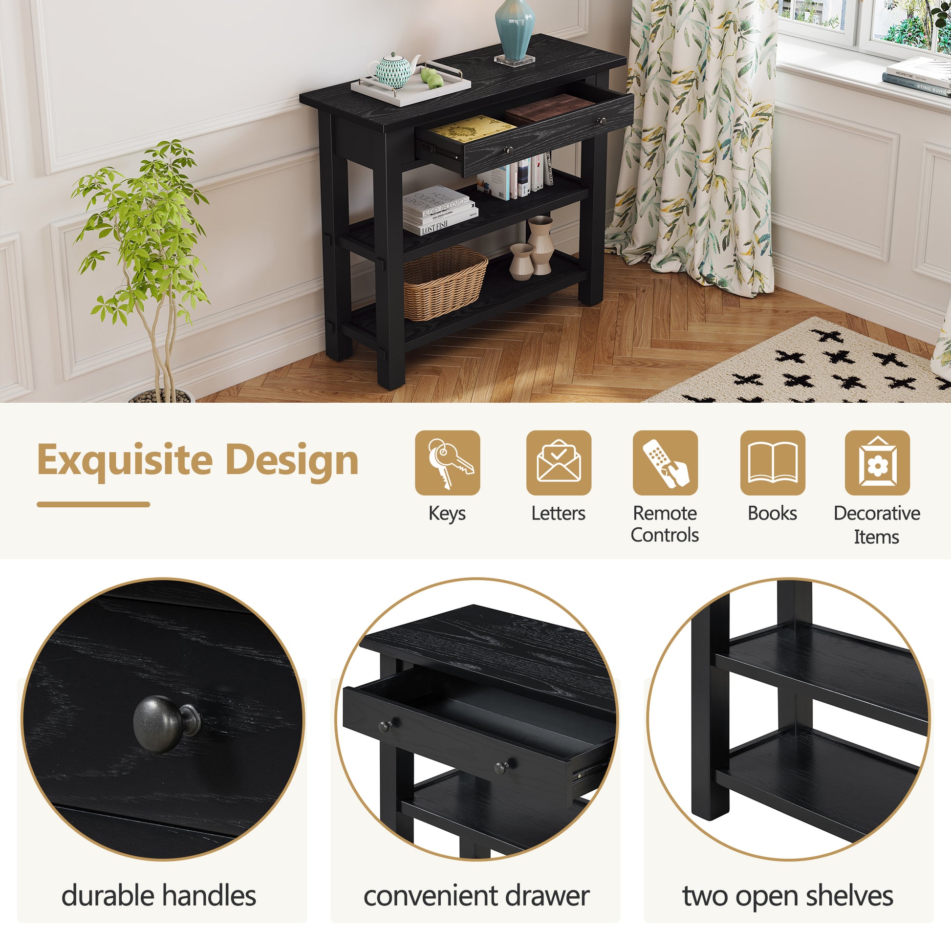 Retro Console Table With Drawer And Two Sturdy Shelves For Entryway, Living Room Black Black Mdf,Rubber Wood