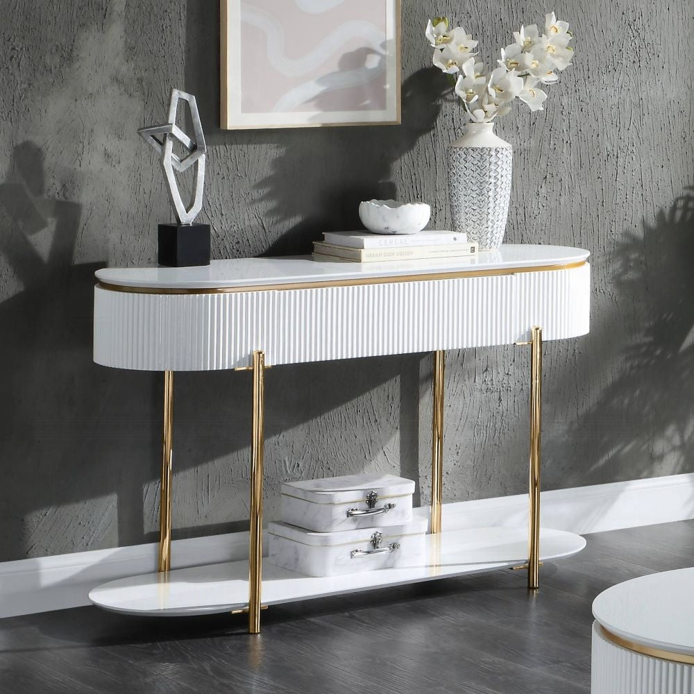 White High Gloss And Gold Sofa Table With Metal Leg White Gold Primary Living Space Drawers Oval Wood Metal