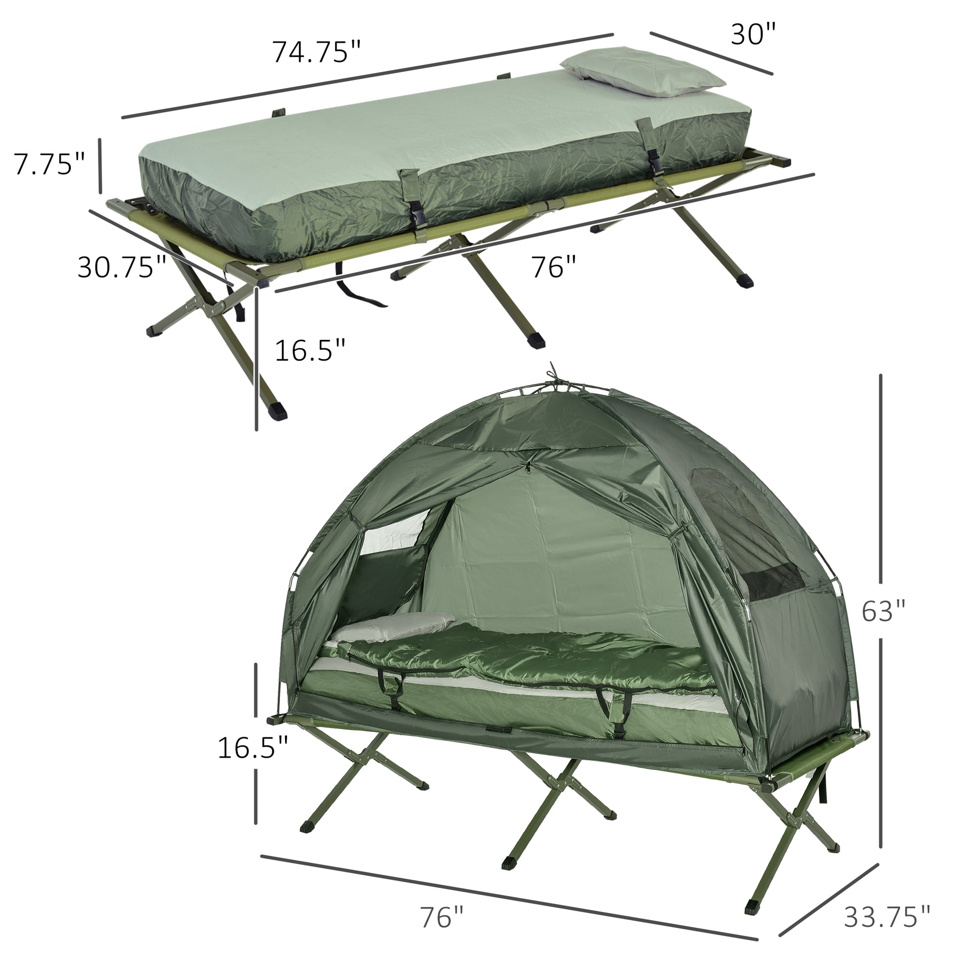 Outsunny Multifunctional Folding Camping Cots For Adults, Elevated Tent With Sleeping Bag, Thick Air Mattress Pad, Portable Single Sleeping Cot Camping Bed Green Nylon