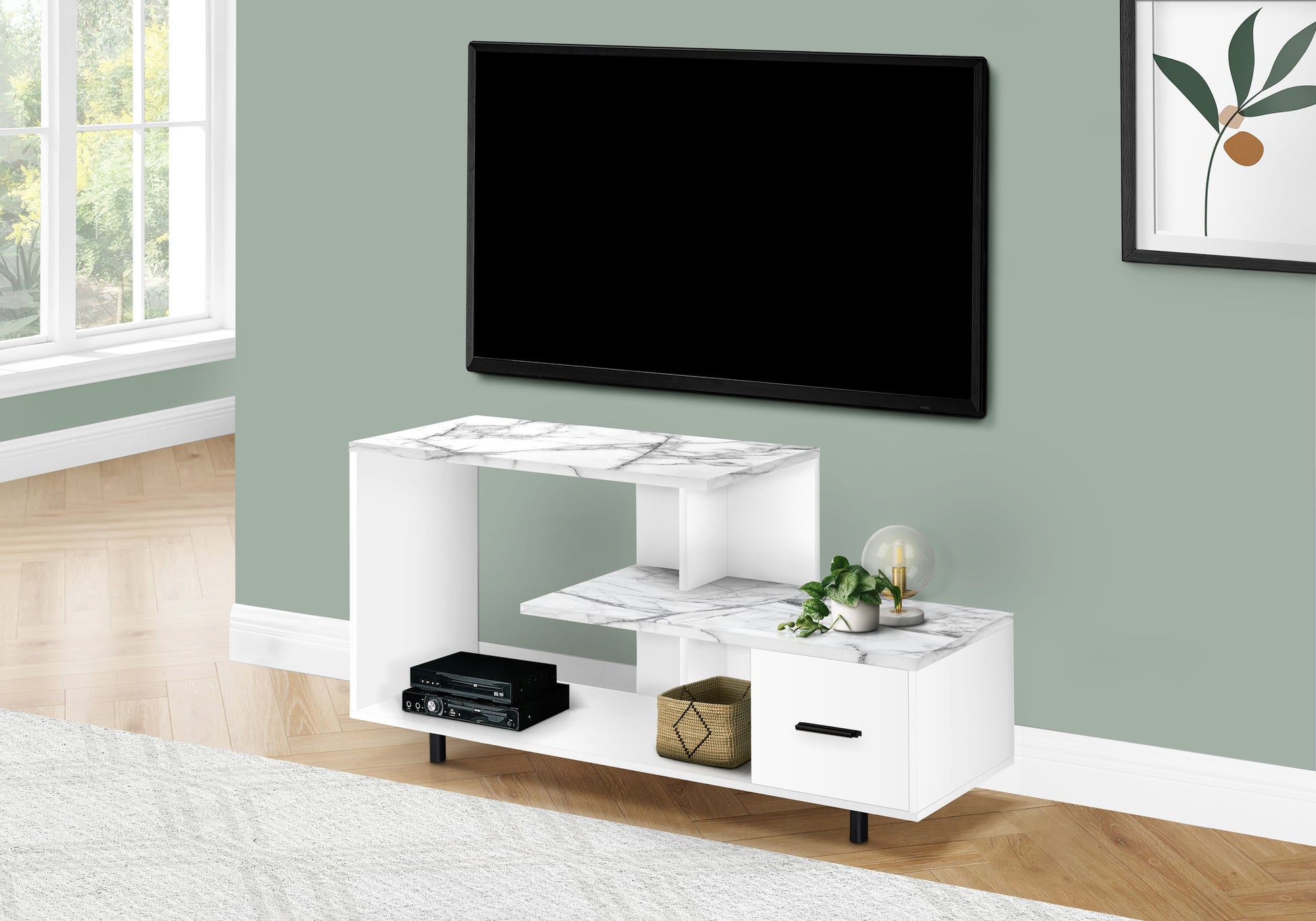 Tv Stand, 48 Inch, Console, Media Entertainment Center, Storage Drawer, Living Room, Bedroom, White Marble Look Laminate, Contemporary, Modern White 80 89 Inches Particle Board