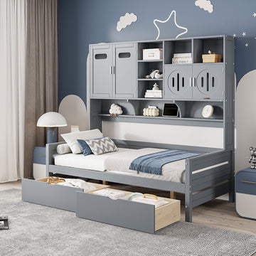 Twin Size Wooden Daybed With 2 Drawers, And All In One Cabinet And Shelf, Gray Twin Gray Wood