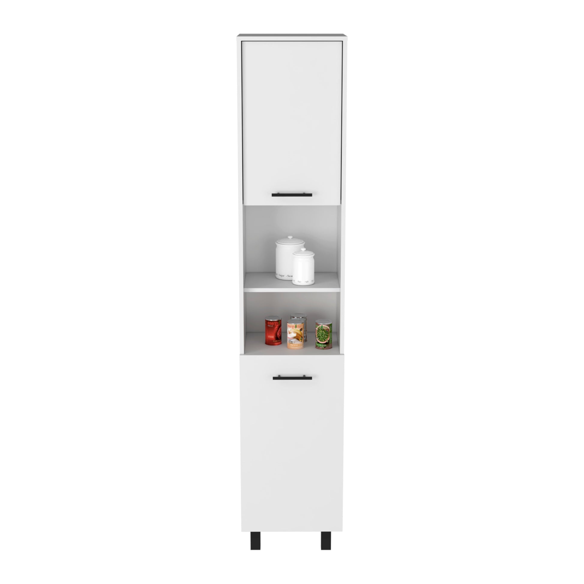 Kitchen Pantry 79" H, Two Open Storage Shelves, Three Internal Shelves, Two Doors, Four Legs, White White Particle Board Particle Board