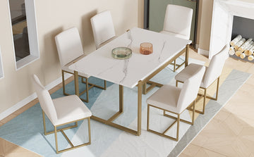 Modern Dining Table Set For 6 Faux Marble Kitchen Table Set With 6 Upholstered Dining Chairs, 7 Piece, White Golden Metal Dining Room Fixed Table Rectangular Dining Table With Chair And Bench Metal