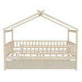 Full Size Wooden House Bed With Twin Size Trundle, Natural Full Natural Solid Wood Mdf