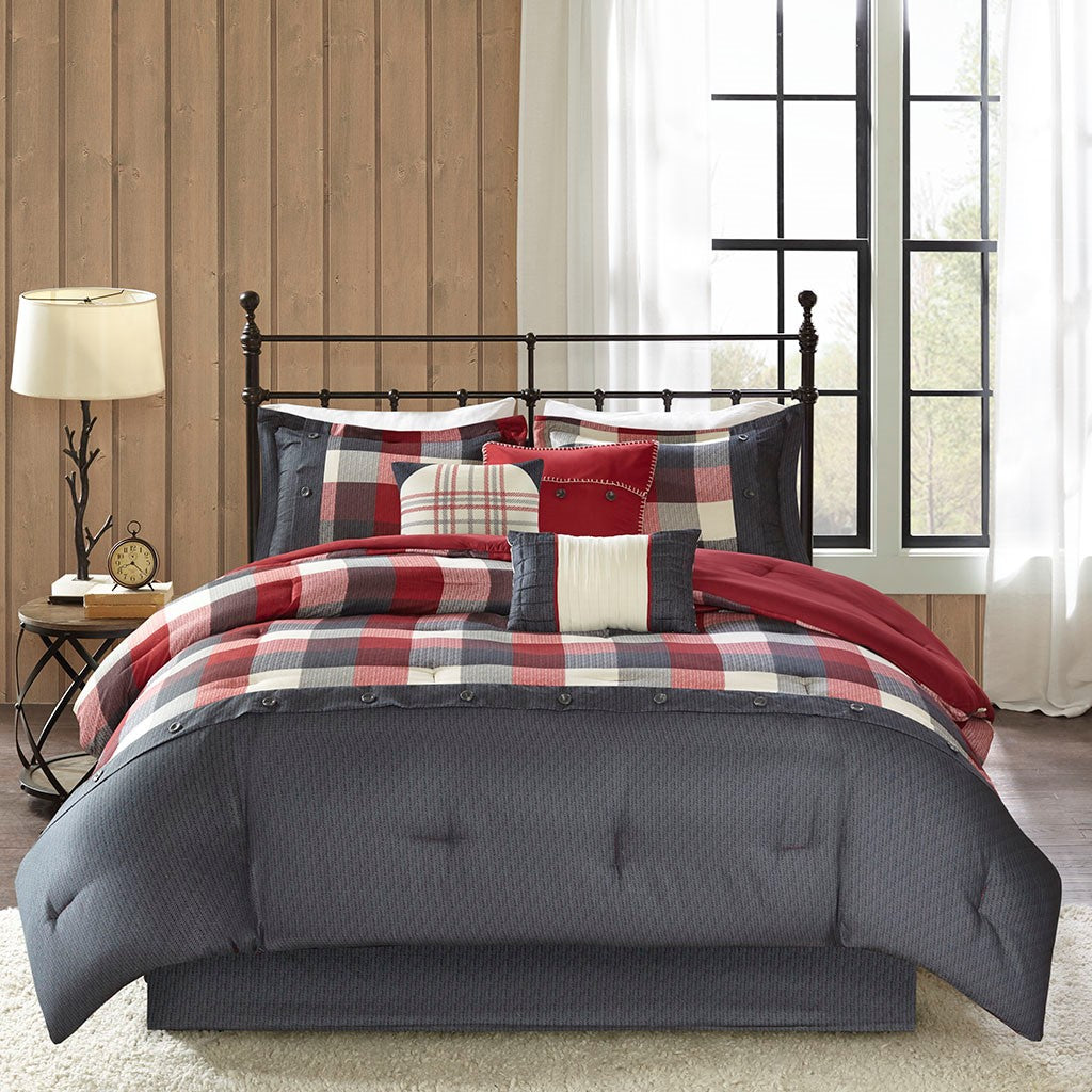 7 Piece Herringbone Comforter Set Red King King Red Polyester