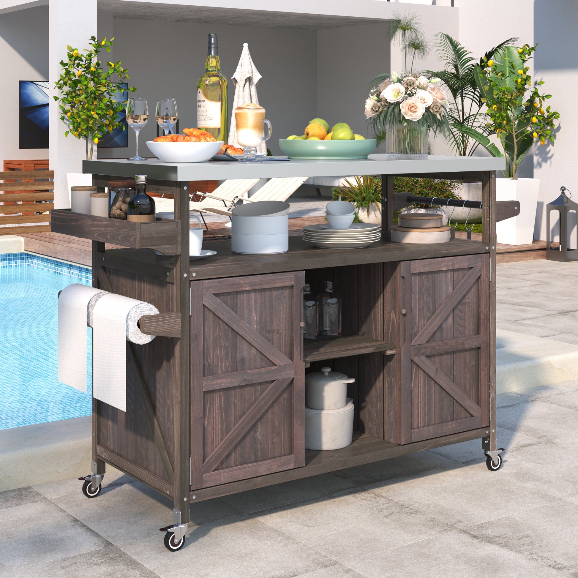 K&K Outdoor Kitchen Island, Rolling Bar Cart & Storage Cabinet, Farmhouse Solid Wood Outdoor Grill Table With Stainless Steel Top, Spice Racktowel Rack For Kitchen & Barbecuedark Brown Dark Brown Garden & Outdoor Classic,Farmhouse,French