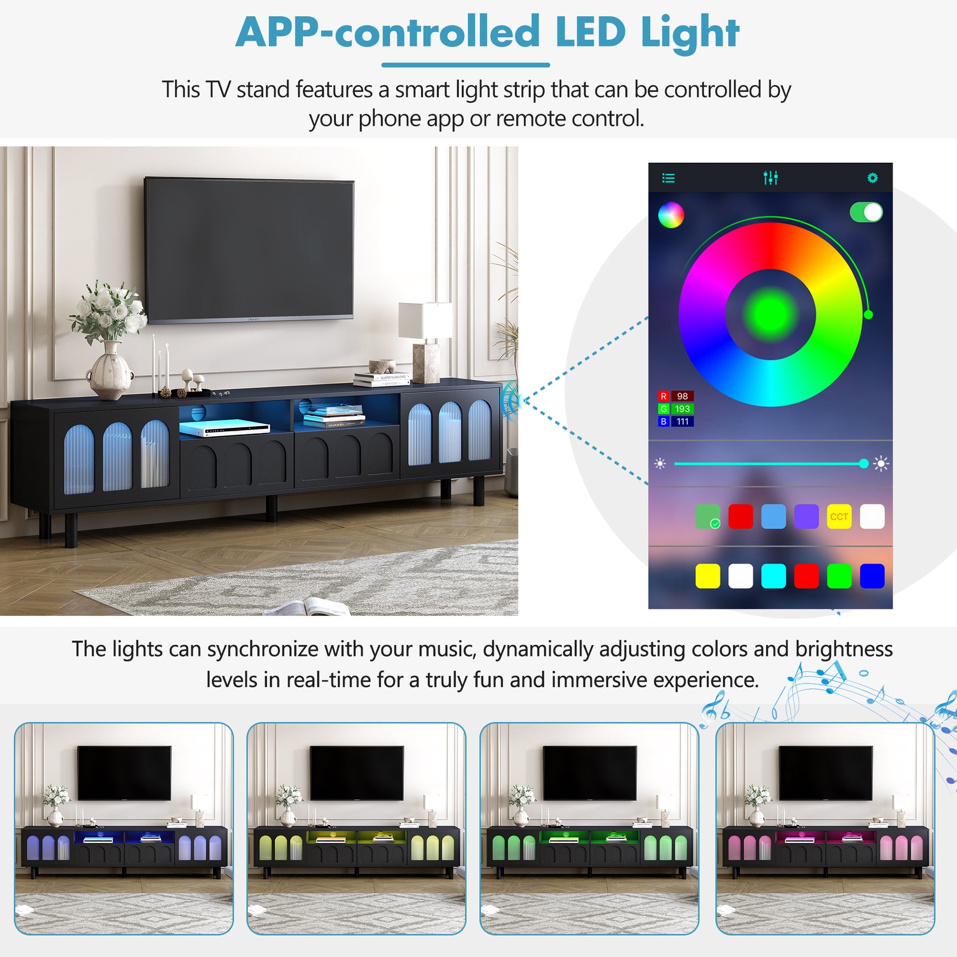 Cream Style Tv Stand And Coffee Table Set Of 2, Led Light Strip Tv Stand For Tvs Up To 80'', Cloud Top Coffee Table With 2 Brake Wheels For Living Room, Black Black 80 89 Inches Particle Board