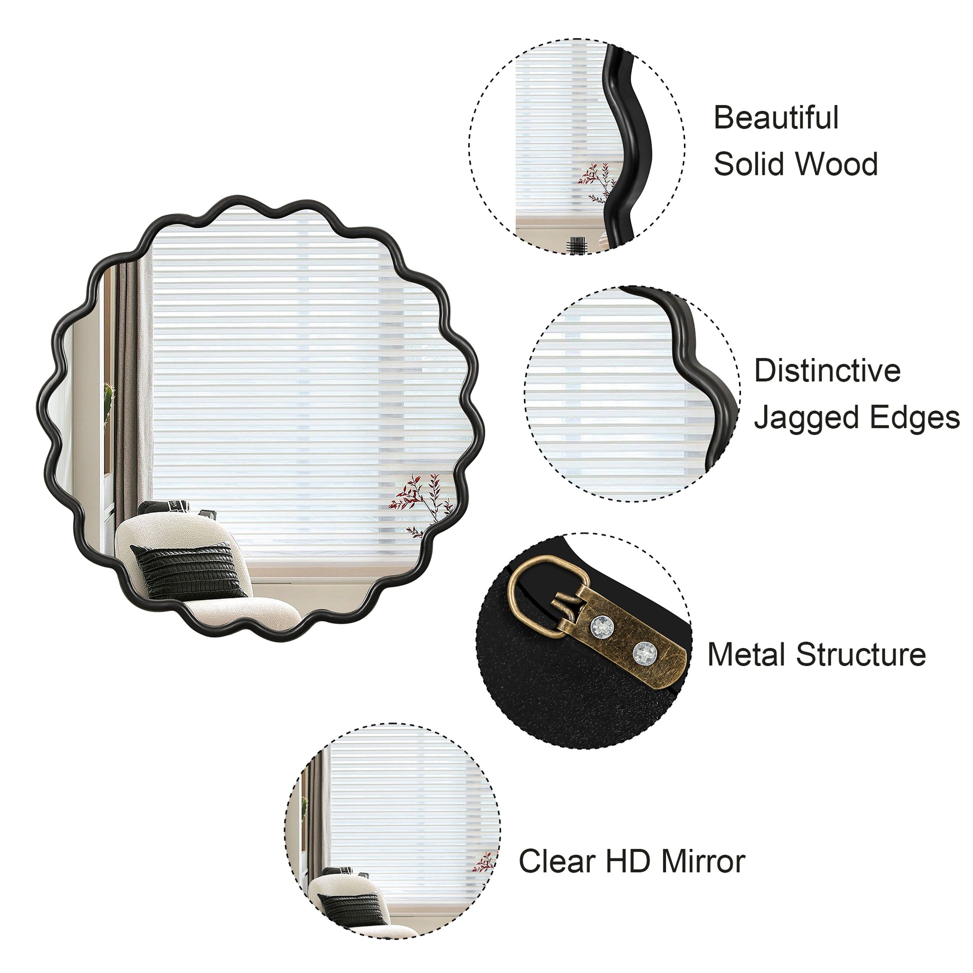 Solid Wood Wavy Mirror Black Vanity Mirror Wall Decor 36" X 36" Modern Mirror Wall Decor For Bathroom, Bedroom, Living Room, Dining Room, Cloakroom, Entryway Black Glass Solid Wood