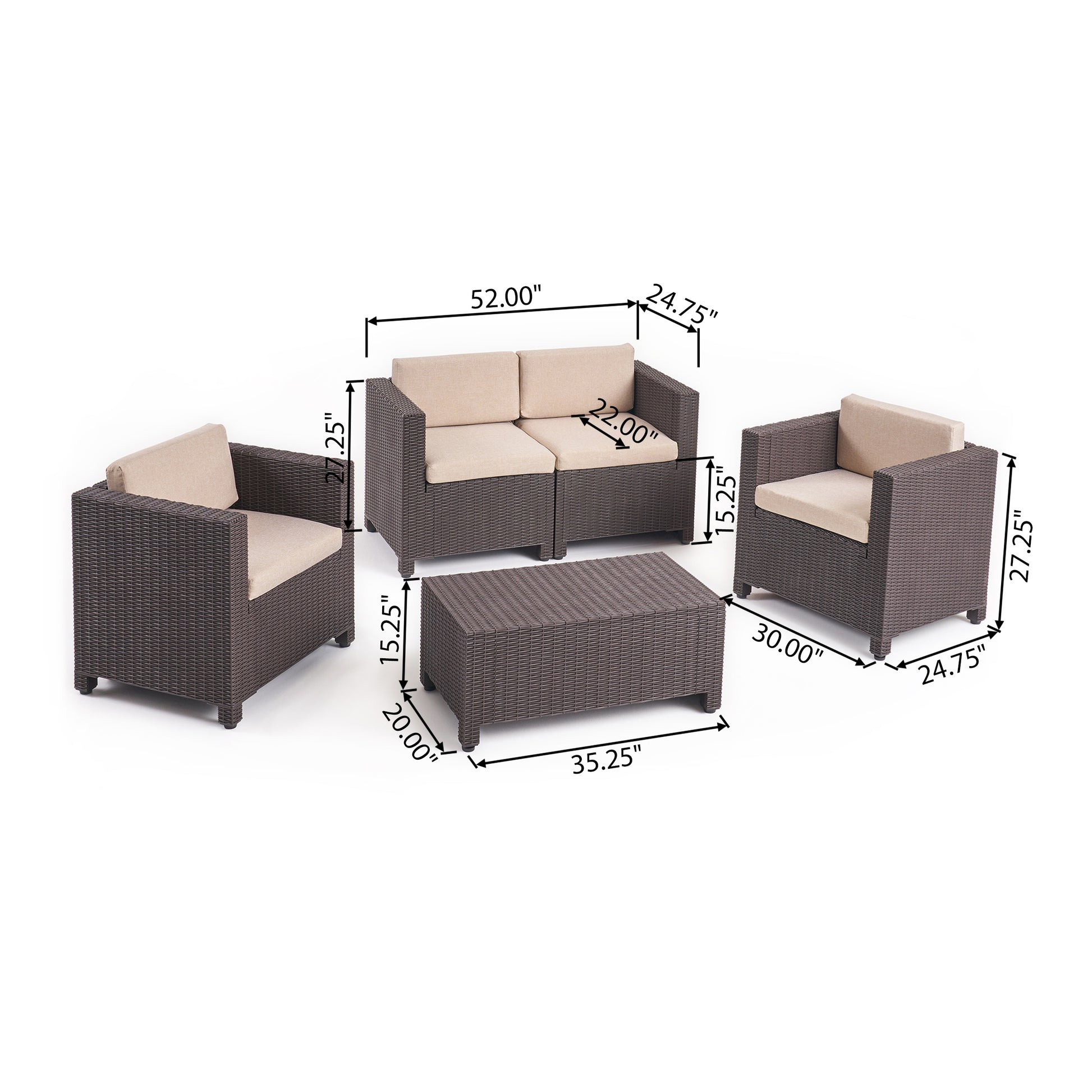 Mikael 4Pc Chat Set Brown Beige Metal Waterproof Fabric