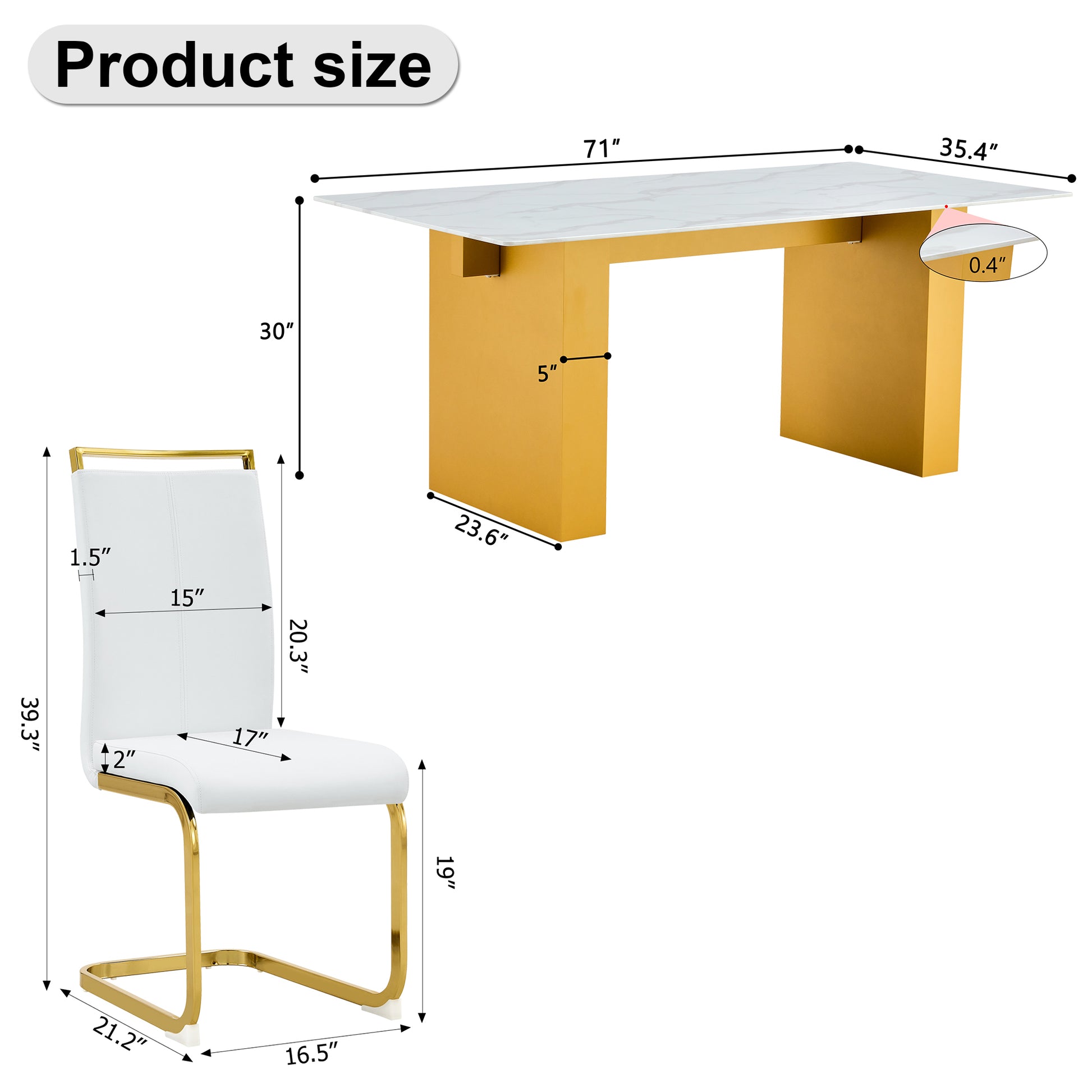 Table And Chair Set.Large Modern Rectangular Table With 0.4 Inch Patterned Glass Tabletop And Large Mdf Table Legs.Comes With 8 Chairs With Faux Leather Cushioned Seats And Golden Metal Legs. Gold White Seats 8 Mdf Glass