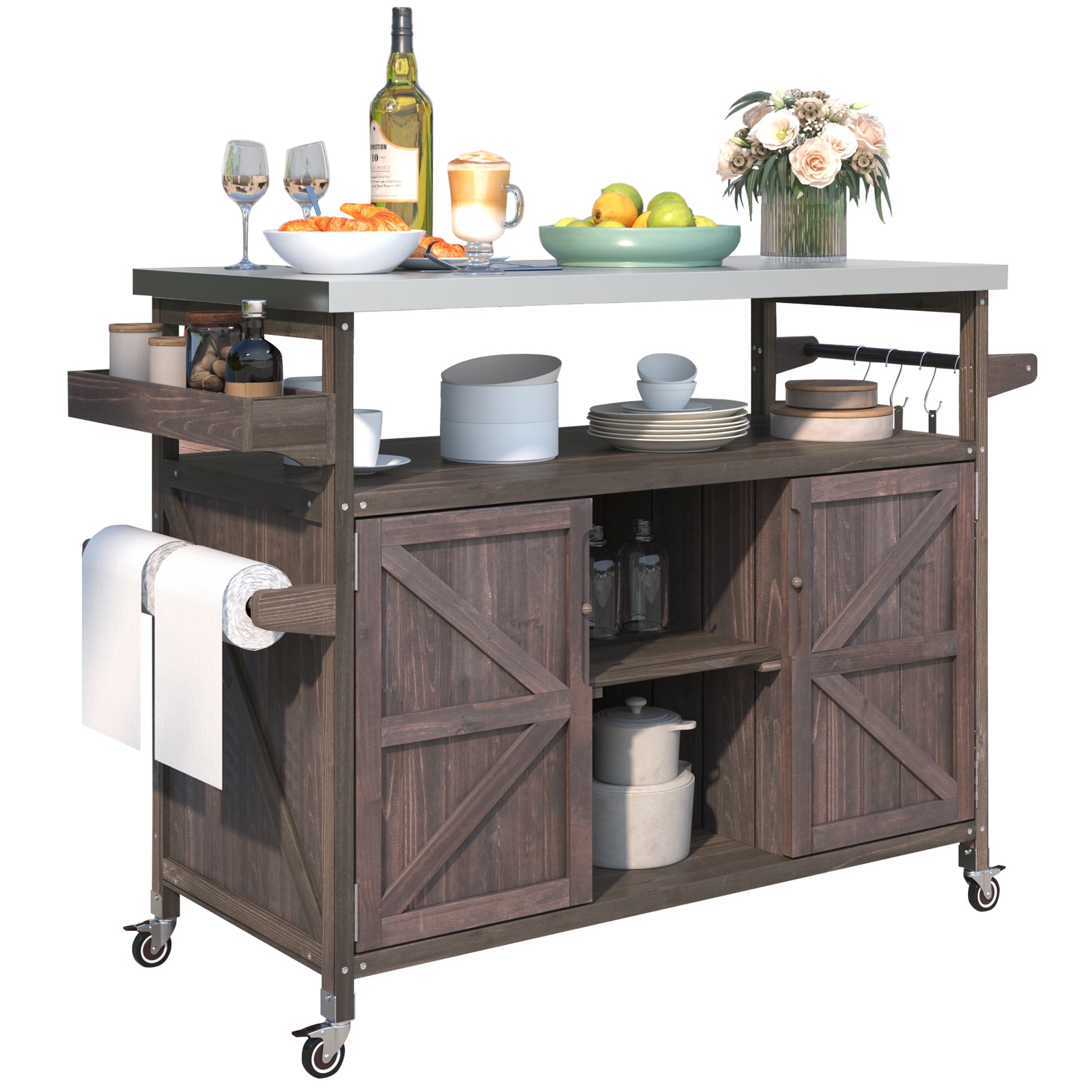 K&K Outdoor Kitchen Island, Rolling Bar Cart & Storage Cabinet, Farmhouse Solid Wood Outdoor Grill Table With Stainless Steel Top, Spice Racktowel Rack For Kitchen & Barbecuedark Brown Dark Brown Garden & Outdoor Classic,Farmhouse,French