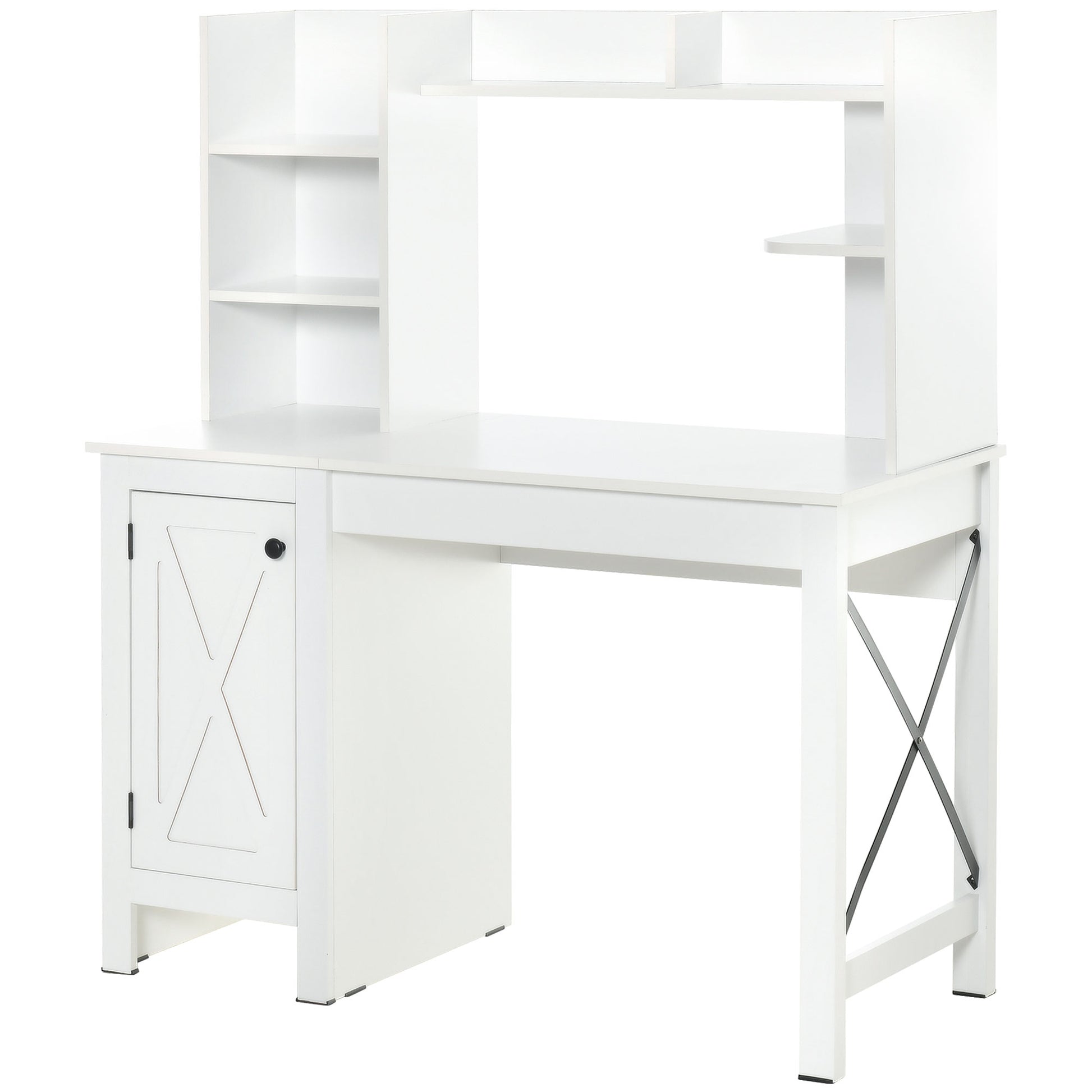 Homcom Farmhouse Computer Desk With Hutch And Cabinet, Home Office Desk With Storage, For Study, White White Particle Board