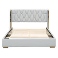 Queen Size Upholstered Platform Bed With Metal Strips, Off White Queen Off White Pu