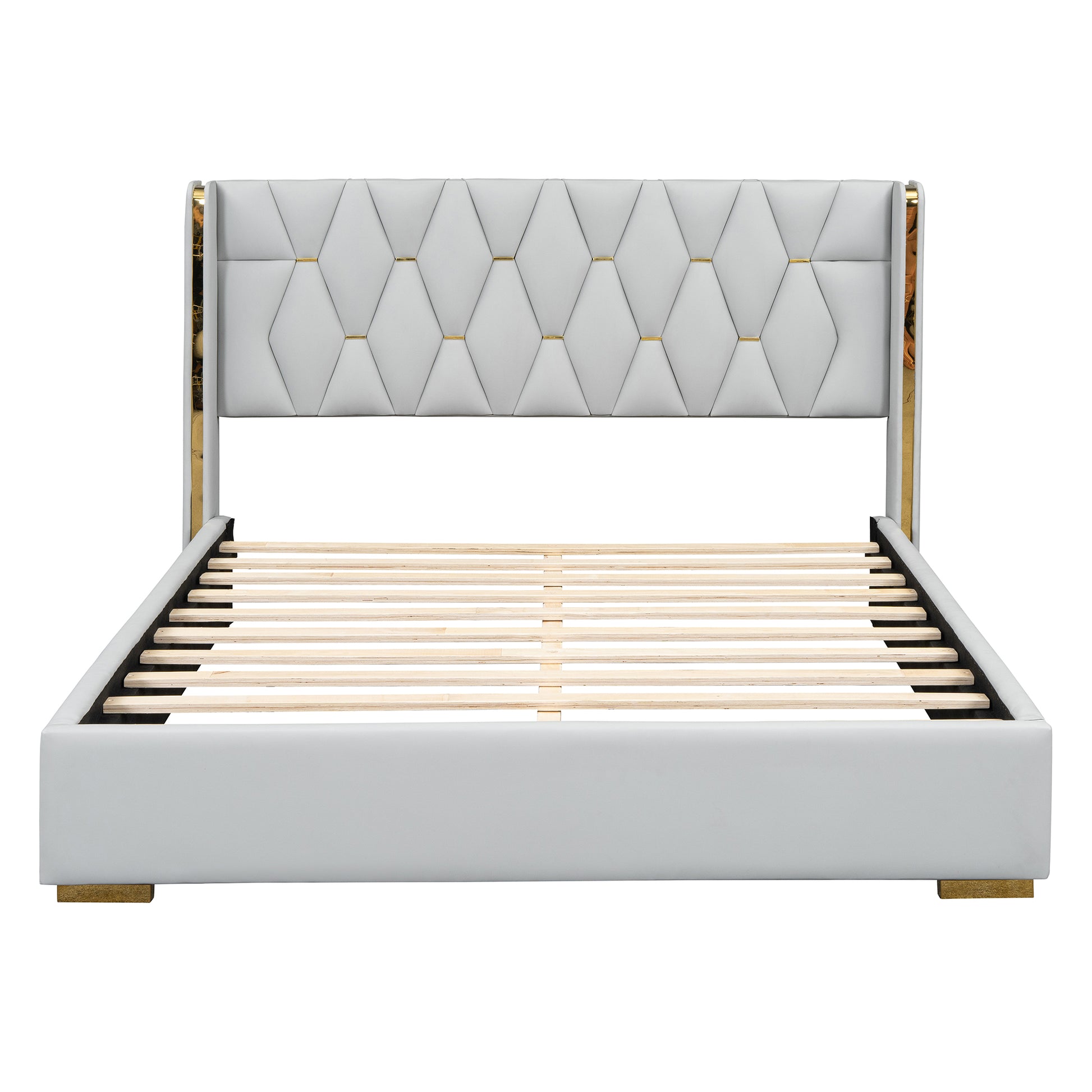 Queen Size Upholstered Platform Bed With Metal Strips, Off White Queen Off White Pu