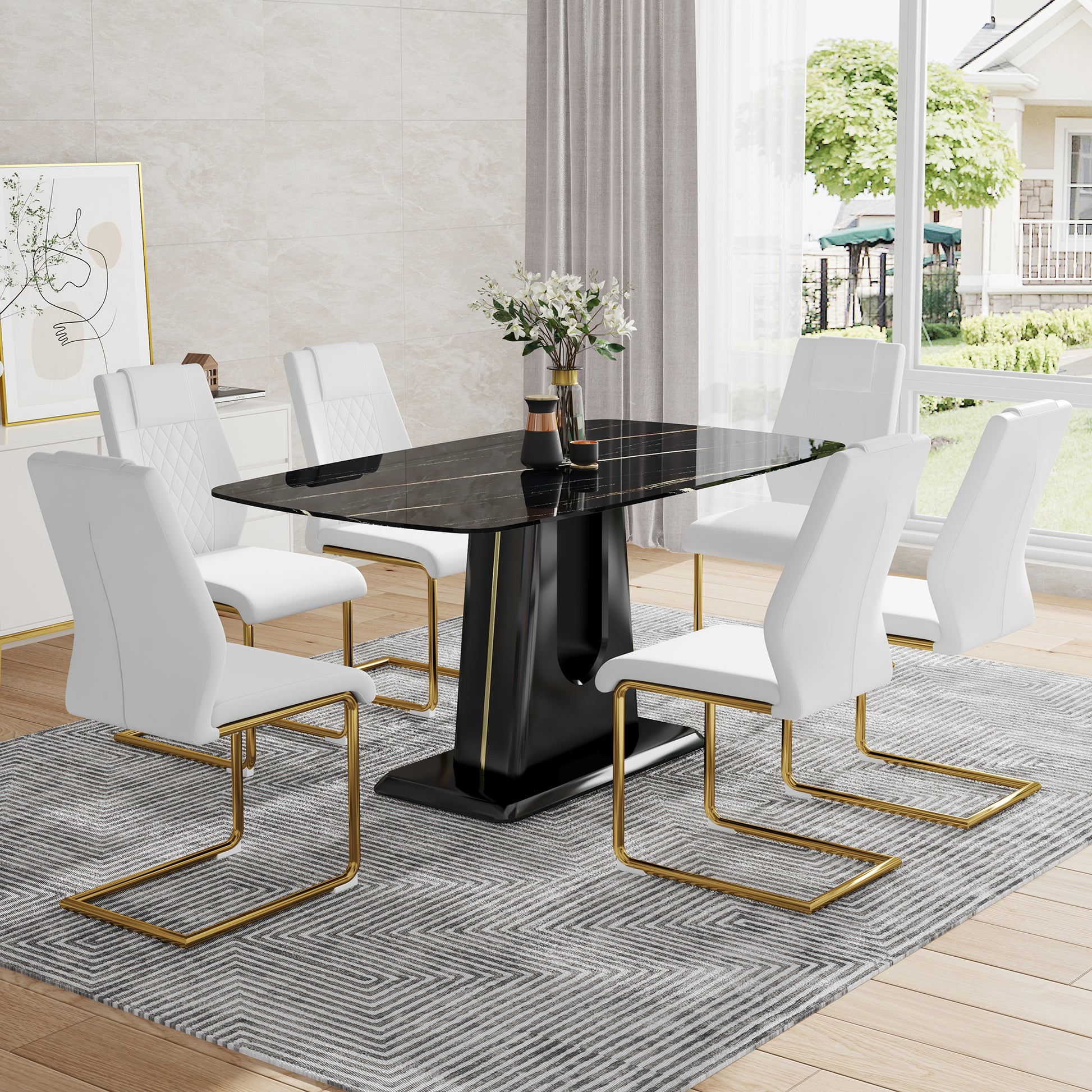 Table And Chair Set, Minimalist Dining Table, Imitation Marble Patterned Glass Tabletop, Mdf Legs With U Shaped Brackets. Paired With Comfortable Chairs, Suitable For Dining And Living Rooms. Black Gold Mdf Glass