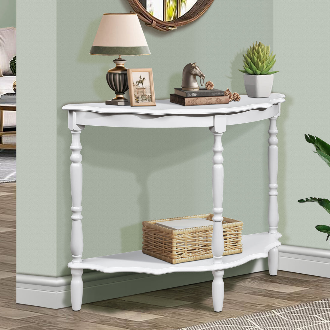 42'' Retro Circular Curved Half Moon Console Table With Cloud Design Top And Open Shelf Solid Wood Frame And Legs, Milk White Milk White Primary Living Space Retro Pine Console Tables Pine