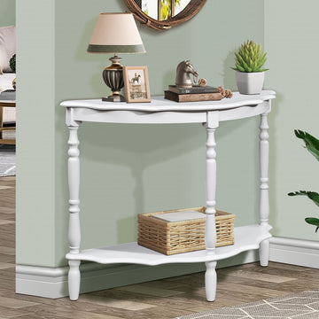 42'' Retro Circular Curved Half Moon Console Table With Cloud Design Top And Open Shelf Solid Wood Frame And Legs, Milk White Milk White Primary Living Space Retro Pine Console Tables Pine