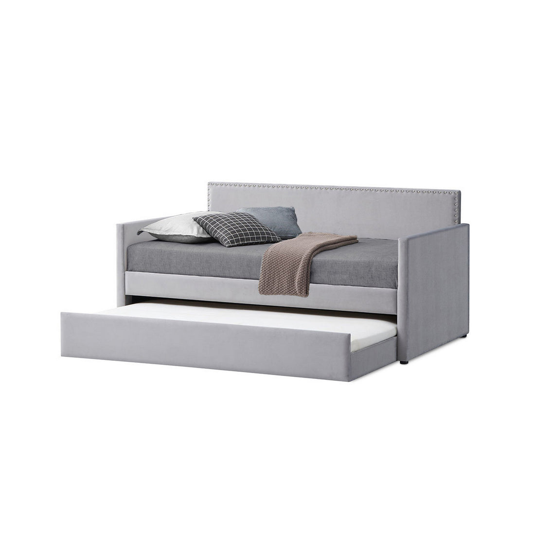 Modern Twin Daybed With Trundle, Trim Backing, Soft Gray Velvet Twin Gray Solid Wood