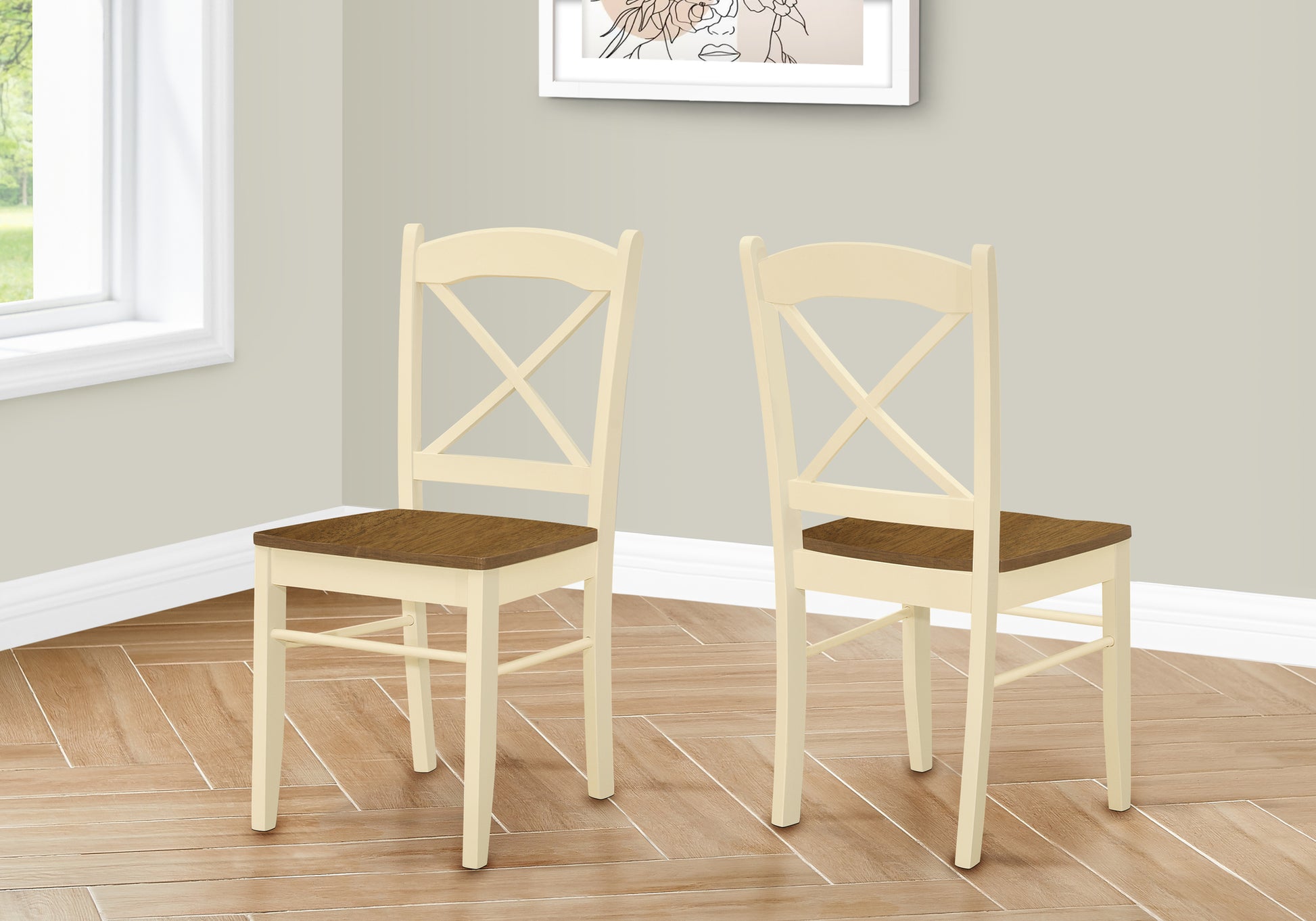 Dining Chair, Set Of 2, Side, Kitchen, Dining Room, Oak And Cream, Wood Legs, Transitional Cream Solid Wood