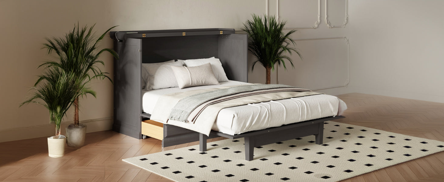 Solid Pine Murphy Bed Chest Cube Cabinet Bed With Charging Station And Large Storage Drawer For Home Office Or Small Room,Full,Gray Box Spring Not Required Full Gray Wood Gray Pine Murphy Solid Wood Mdf