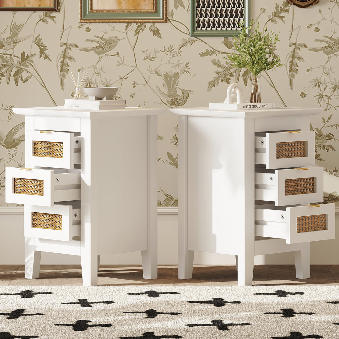 Wooden Nightstands Set Of 2 With Rattan Woven Surfaces And Three Drawers, Exquisite Elegance With Natural Storage Solutions For Bedroom, White White Particle Board