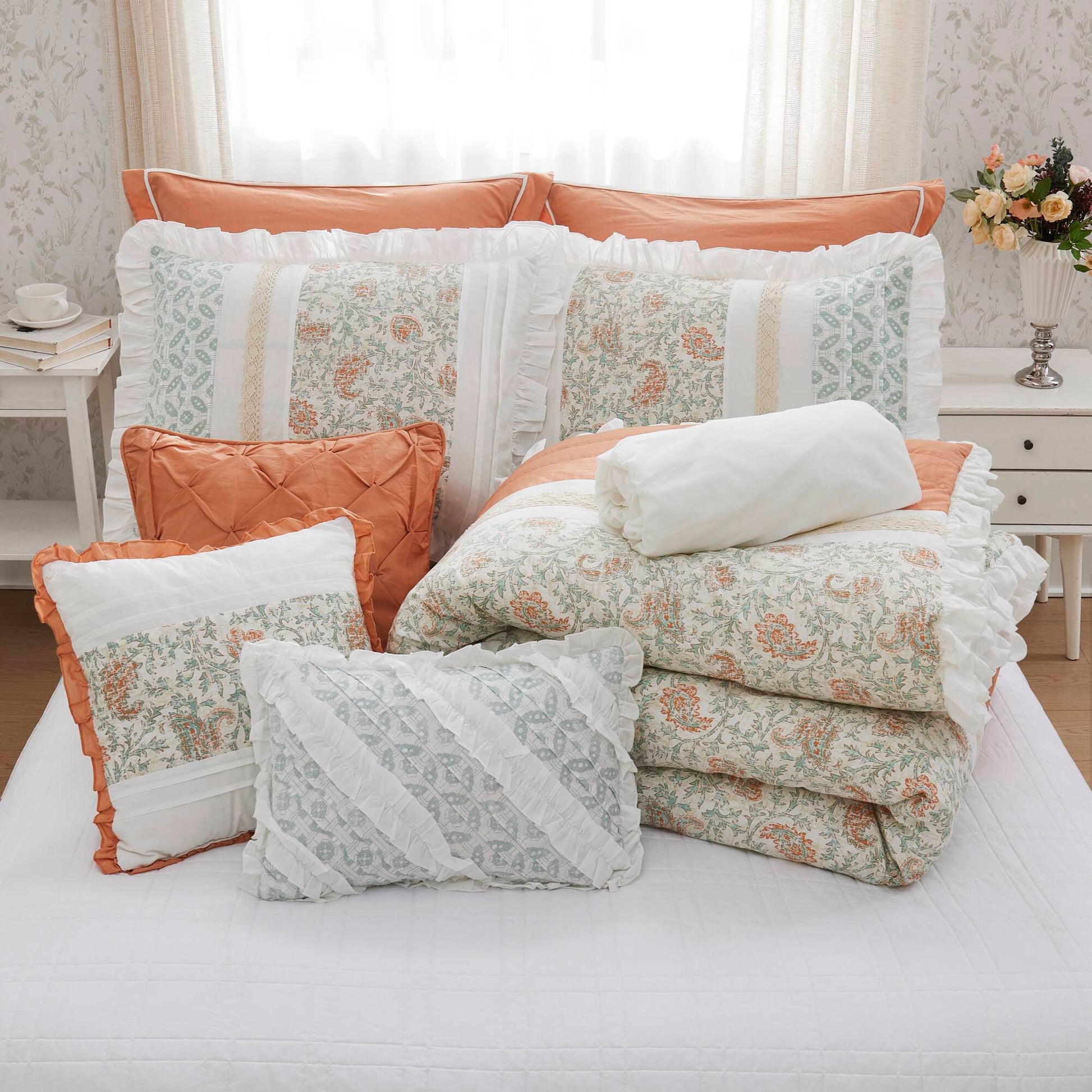 9 Piece Cotton Percale Comforter Set Coral Queen Queen Coral Polyester
