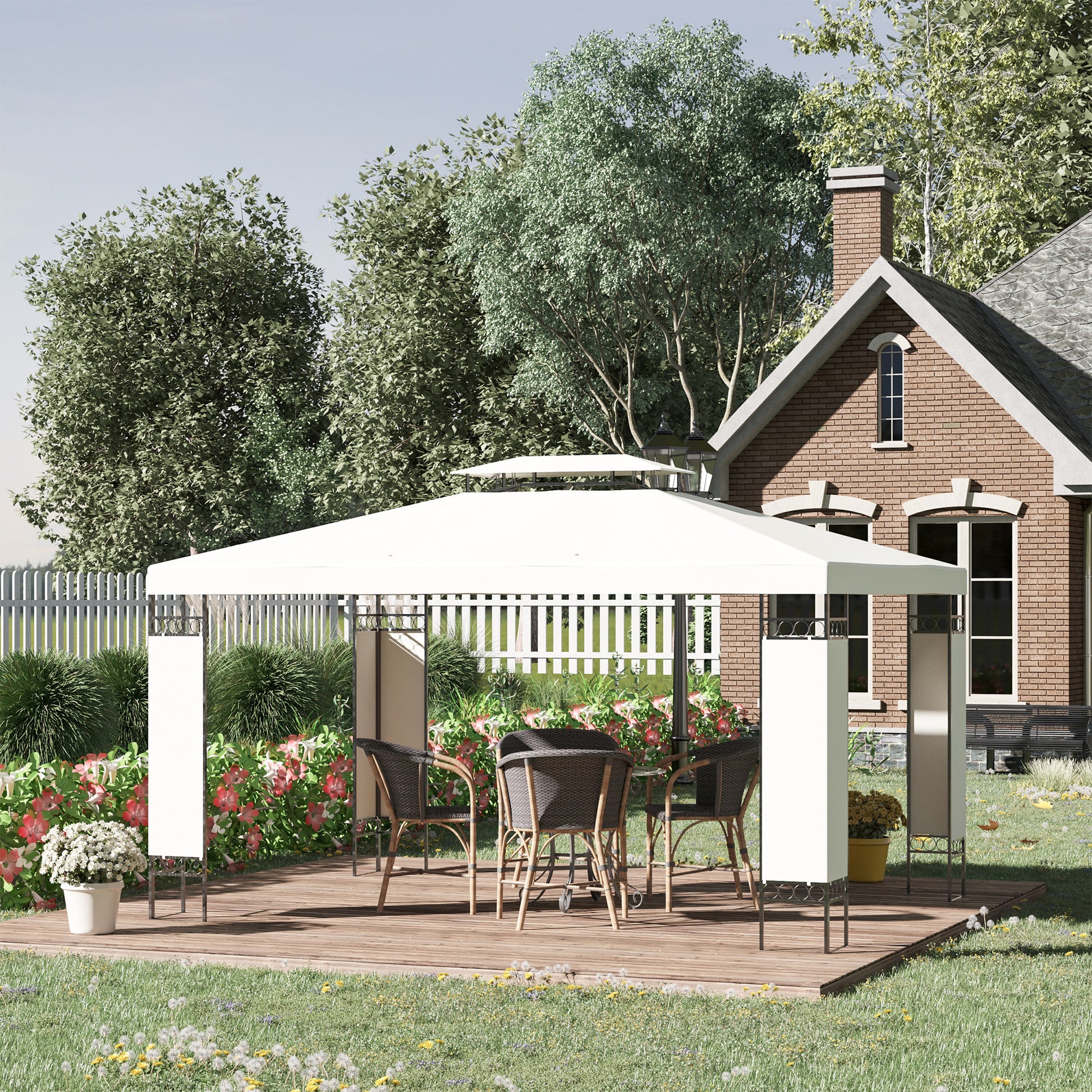 Outsunny 10' X 13' Patio Gazebo, Double Roof Outdoor Gazebo Canopy Shelter With Screen Decorate Corner Frame, For Garden, Lawn, Backyard And Deck, Cream White Cream White Steel