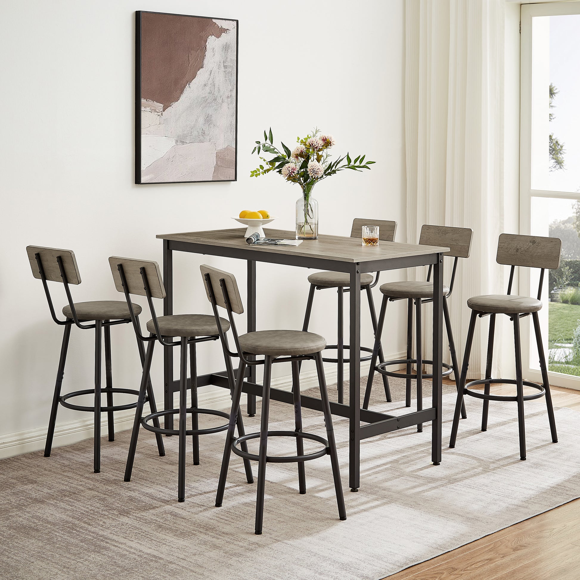 Pub High Dining Table 7 Piece Set, Industrial Style Pub Table, 6 Pu Leather Bar Chairs For Kitchen Breakfast Table, Living Room, Bar, Rustic Grey, 47.2 L X 23.6"W X 35.4"H Grey Particle Board