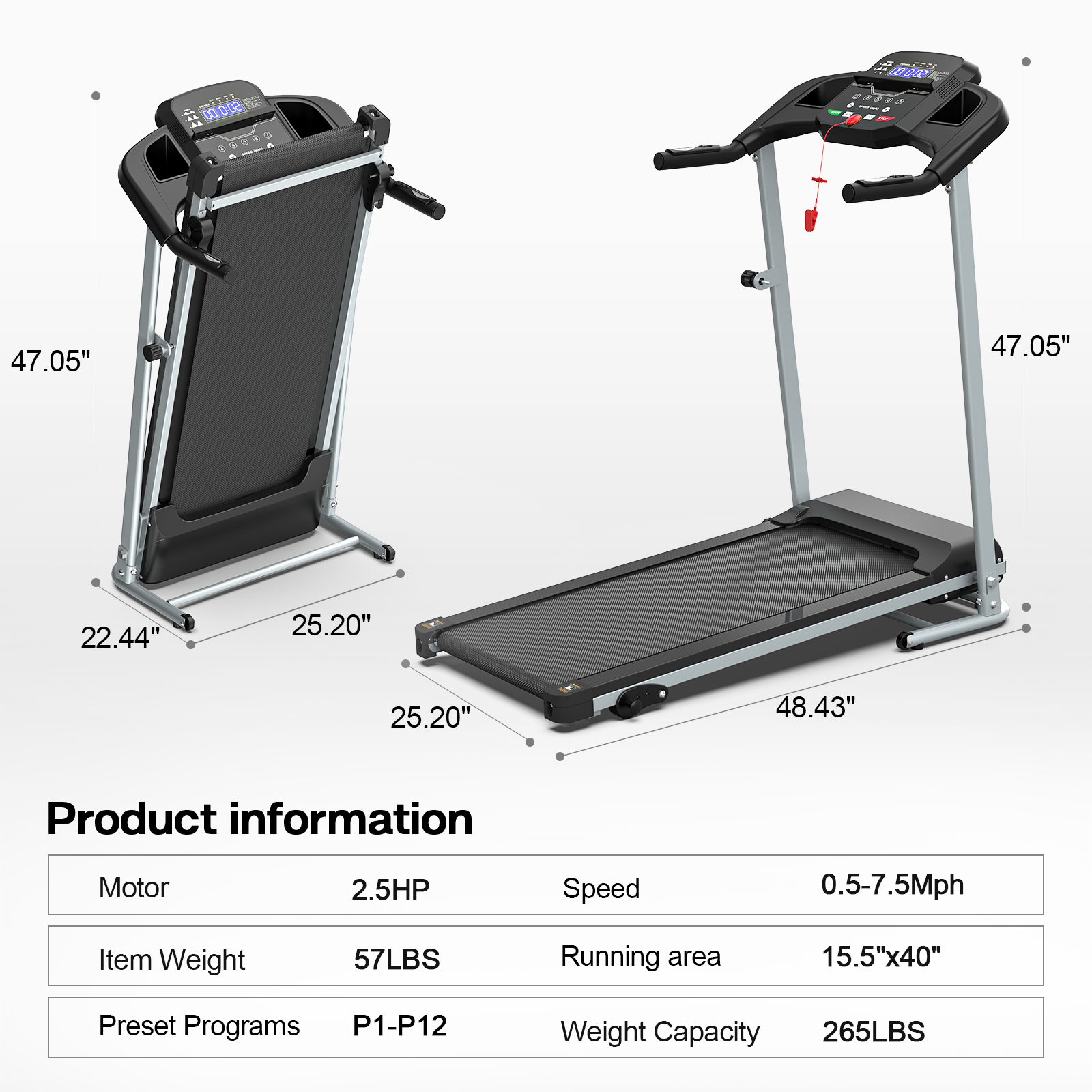 Foldable Treadmill 2.5Hp Electric Folding Treadmill Running Walking Machine For Home Gym, Max 265 Lbs Weight Capacity Black And Silver Steel