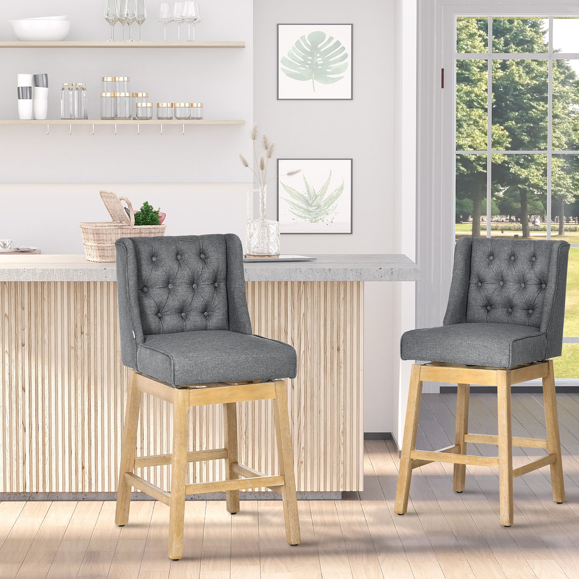 Homcom Bar Height Bar Stools Set Of 2, 180 Degree Swivel Barstools, 30" Seat Height Bar Chairs With Solid Wood Footrests And Button Tufted Design, Gray Grey Polyester