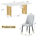 Table And Chair Set.The Table Has A Glass Top With Imitation Marble Pattern Stickers And Stainless Steel Golden Legs. Paried With Chairs With Pu Artificial Leather Backrest Cushions And Black Legs. White Gold Seats 6 Glass Metal
