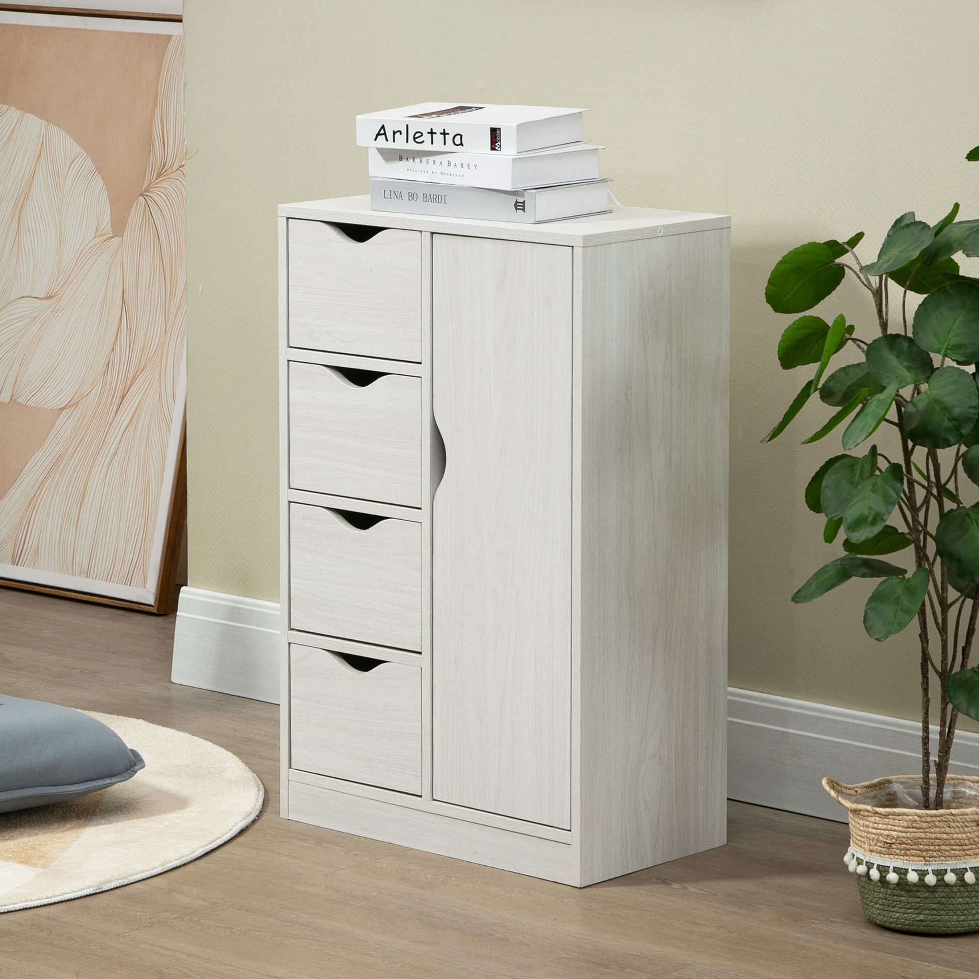 Homcom Freestanding Storage Cabinet, Bathroom Floor Cabinet With 4 Drawers And Door, White Wood Grain White Engineered Wood