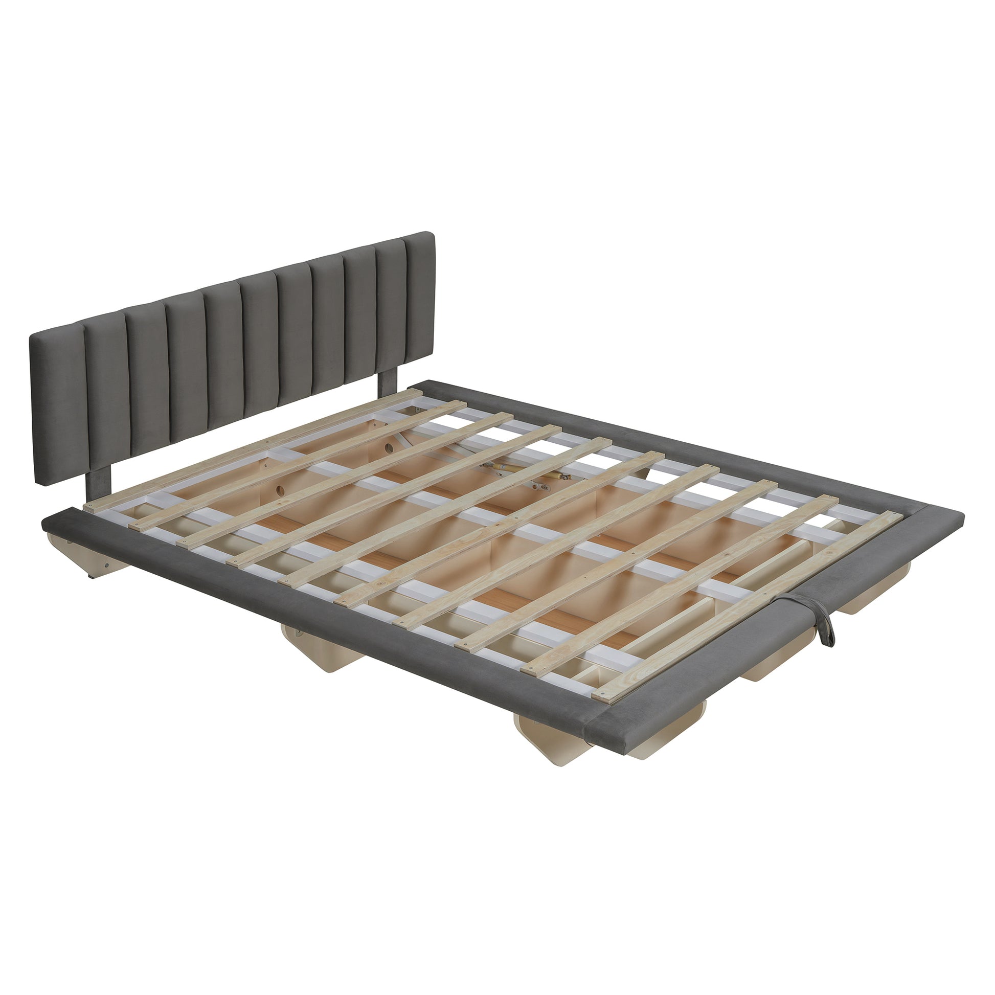Queen Size Upholstered Floating Bed With Led Light And Usb Port, Velvet, Gray, Hydrualic Platform Bed Queen Gray Velvet
