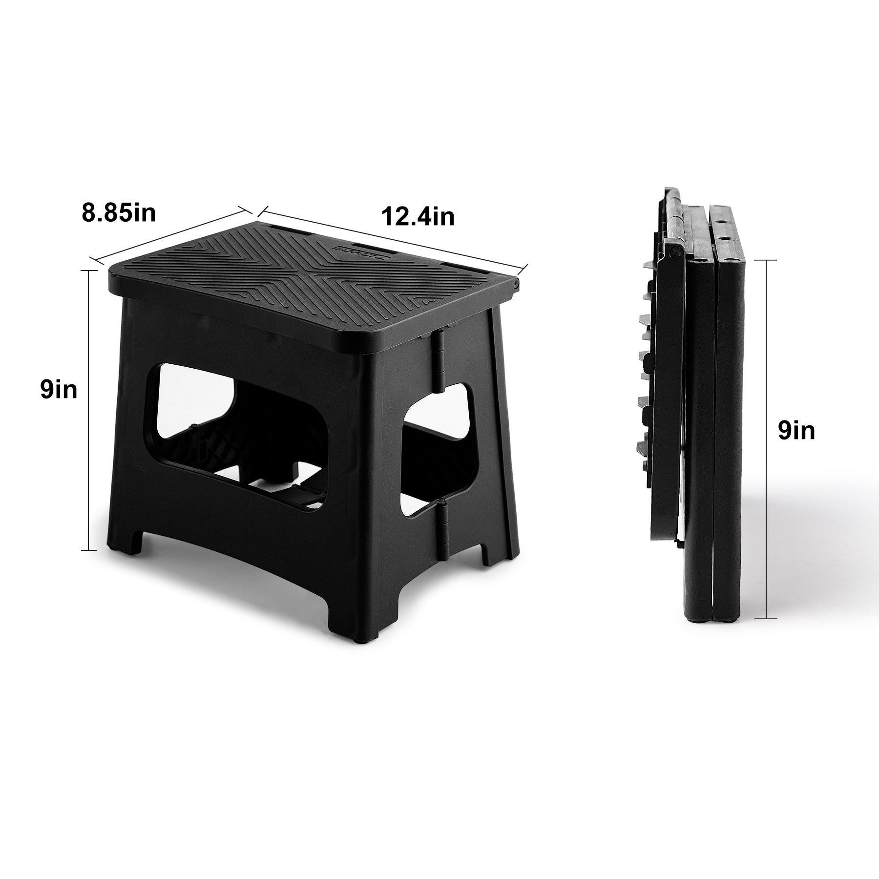 9In Folding Step Stool, Compact, Portable, Non Slip, 300 Lbs. Weight Capacity For Adults And Children. Secure Non Slip Top And Rubber Feet, Great For Home And Camping, Black Color Black