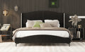 Queen Size Pu Leather Upholstered Platform Bed, Headboard With Wingback And Metal Bar Accents, No Box Spring Required, Black Queen Black Pu