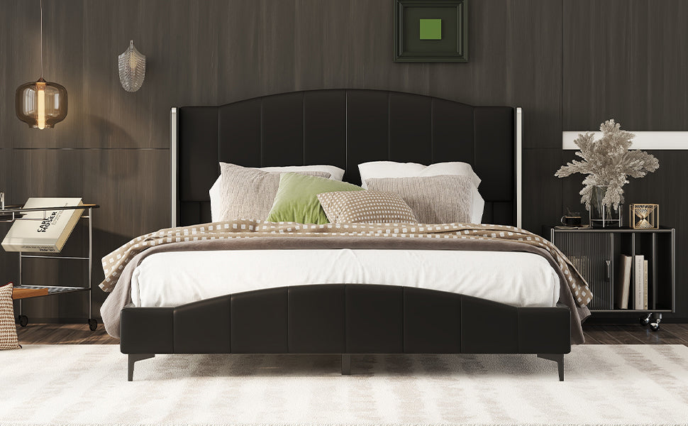 Queen Size Pu Leather Upholstered Platform Bed, Headboard With Wingback And Metal Bar Accents, No Box Spring Required, Black Queen Black Pu